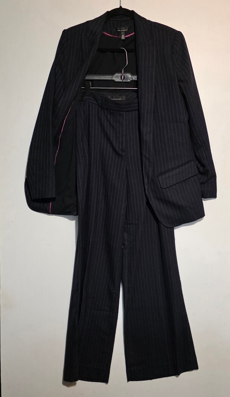 White House Black Market Pinstripe Pant Suit Set 8 Navy Blue Purple Blazer Pants